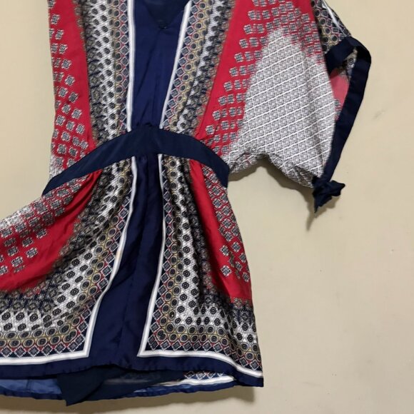 AnM Navy Blue Red Burgundy White Silky Geometric Boho Kimono Top – Size Small - Picture 4 of 5